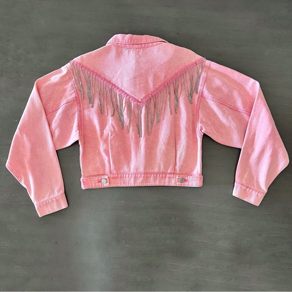 NEW Blue b Pink Distress Rhinestone Fringe Trim Western Festival Jean Jacket S - Picture 7 of 10